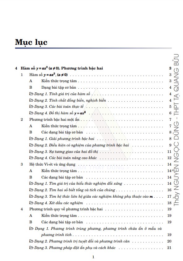 Các dạng toán hàm số $y = a{x^2}$ $(a \ne 0)$, phương trình bậc hai một ẩn