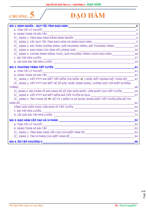Các dạng toán và bài tập chuyên đề đạo hàm – Nguyễn Trọng