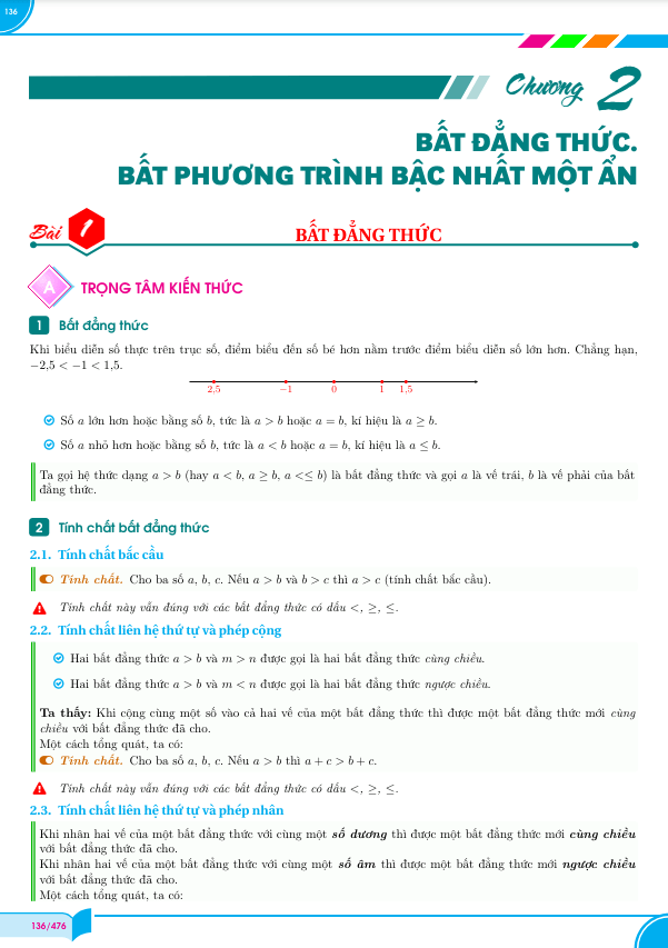 Chuyên đề bất đẳng thức, bất phương trình bậc nhất một ẩn Toán 9 CTST