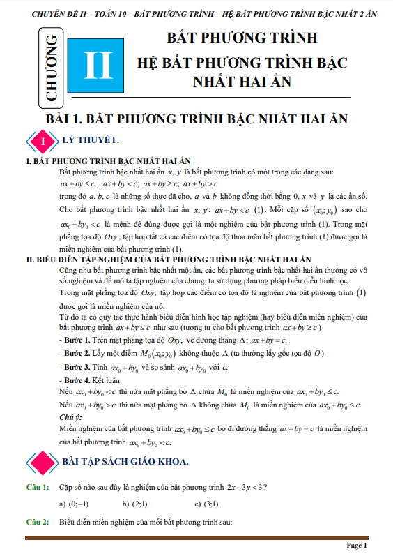 Chuyên đề bất phương trình và hệ bất phương trình bậc nhất hai ẩn Toán 10 Cánh Diều