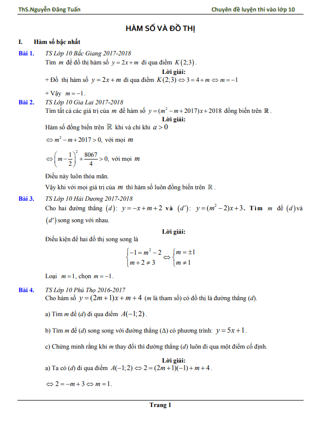 Chuyên đề hàm số và đồ thị ôn thi vào lớp 10 môn Toán – Nguyễn Đăng Tuấn