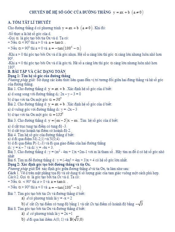 Chuyên đề hệ số góc của đường thẳng y = ax + b (a khác 0)