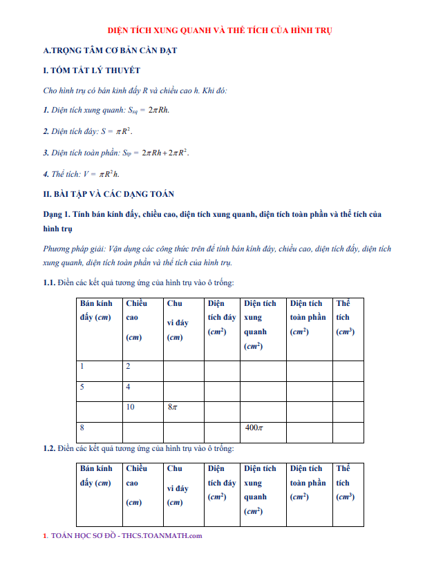 Chuyên đề hình trụ, diện tích xung quanh và thể tích của hình trụ