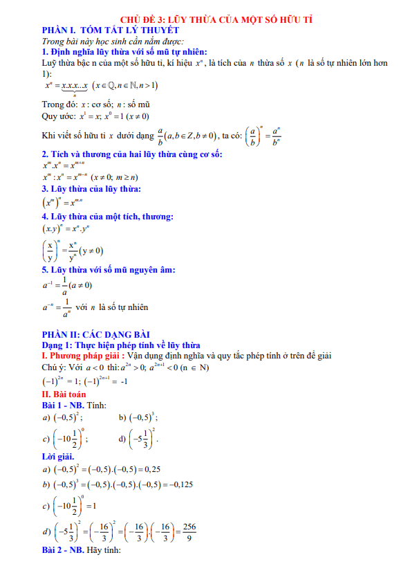 Chuyên đề lũy thừa của một số hữu tỉ Toán 7