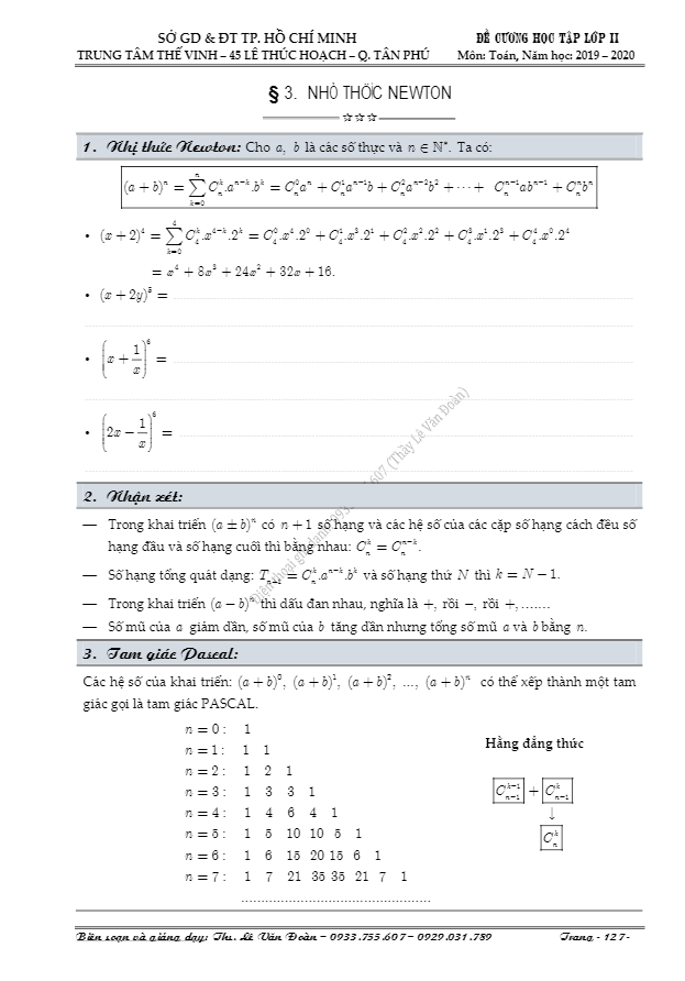 Chuyên đề nhị thức Newton (Niu-tơn) – Lê Văn Đoàn