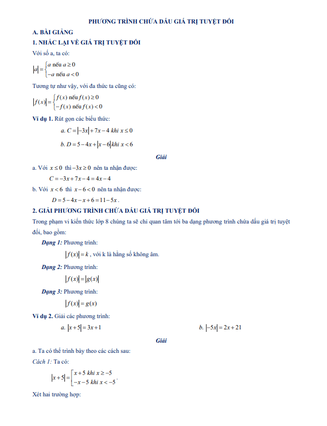 Chuyên đề phương trình chứa dấu giá trị tuyệt đối