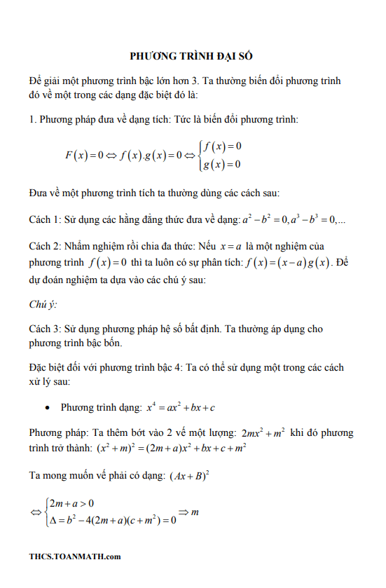 Chuyên đề phương trình đại số ôn thi vào lớp 10