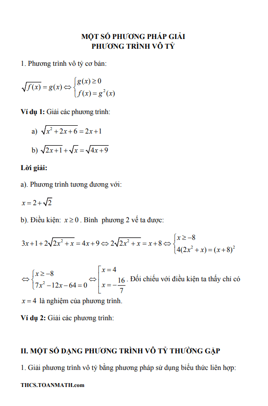 Chuyên đề phương trình vô tỷ ôn thi vào lớp 10