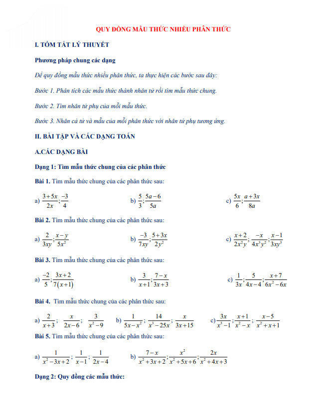 Chuyên đề quy đồng mẫu thức nhiều phân thức