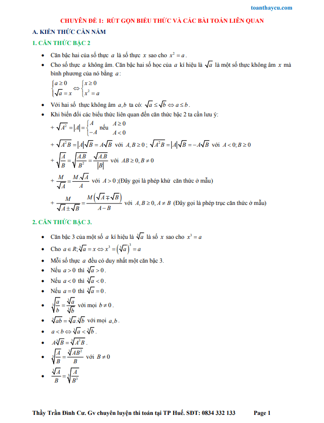 Chuyên đề rút gọn biểu thức và các bài toán liên quan – Trần Đình Cư