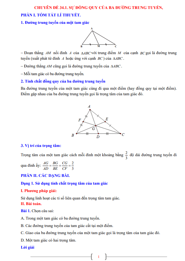 Chuyên đề sự đồng quy của ba trung tuyến, ba đường phân giác trong một tam giác Toán 7