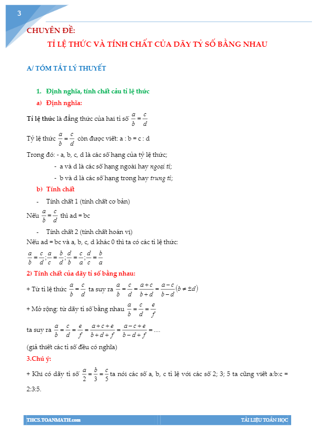 Chuyên đề tỉ lệ thức và tính chất của dãy tỉ số bằng nhau
