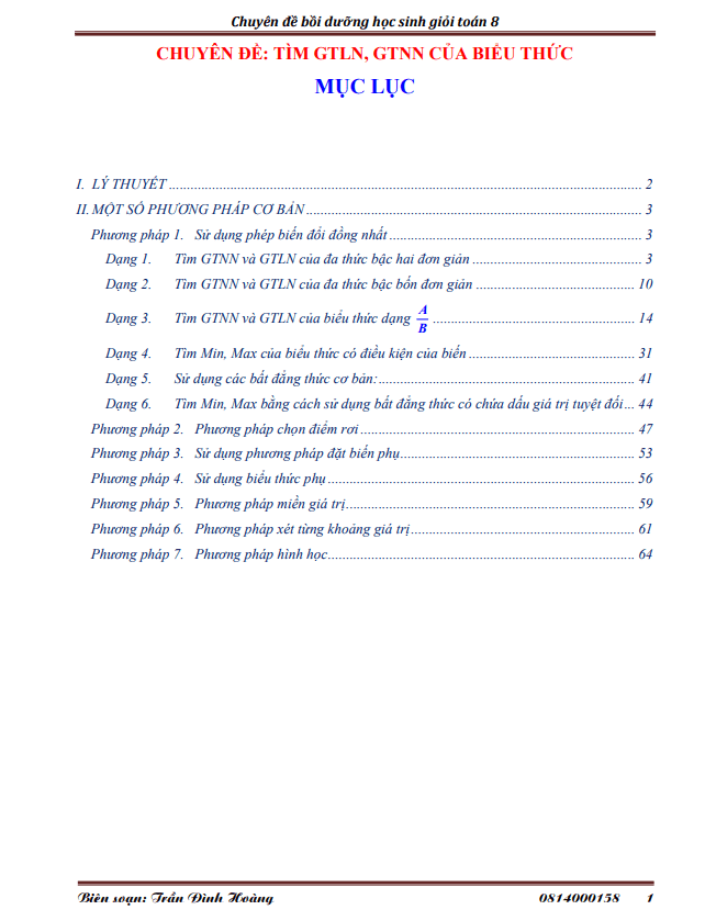 Chuyên đề tìm GTLN – GTNN của biểu thức bồi dưỡng học sinh giỏi Toán 8