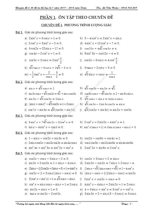 Chuyên đề và 50 đề ôn thi học kỳ 1 Toán 11 năm học 2017 – 2018 – Lê Văn Đoàn