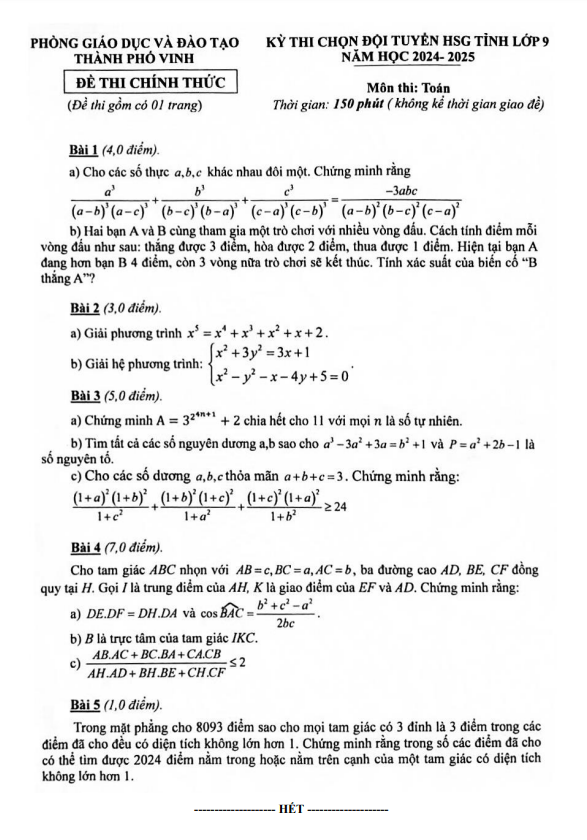 Đề chọn đội tuyển HSG tỉnh Toán 9 năm 2024 – 2025 phòng GD&ĐT Vinh – Nghệ An