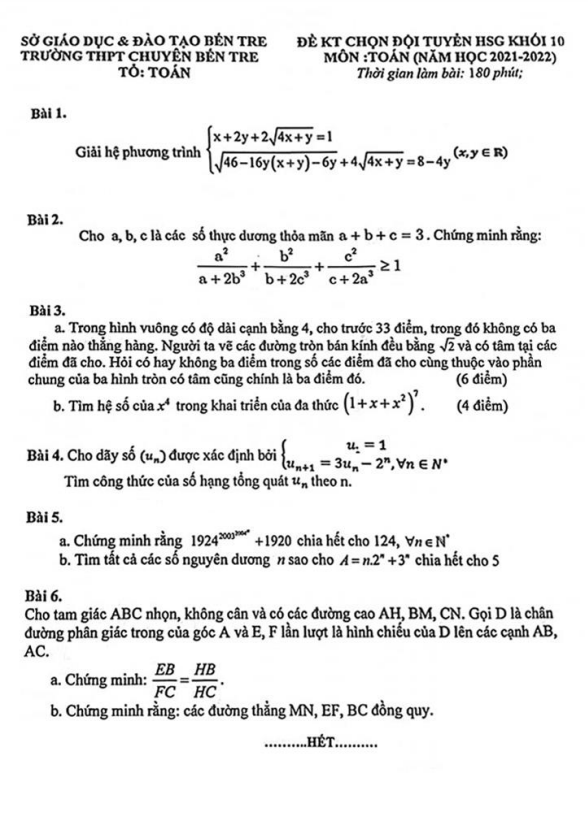 Đề chọn đội tuyển HSG Toán 10 năm 2021 – 2022 trường THPT chuyên Bến Tre