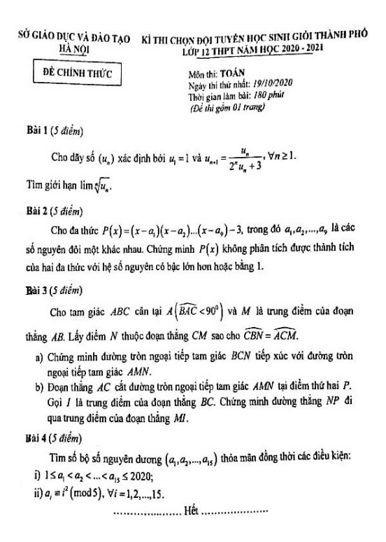 Đề chọn đội tuyển HSG Toán 12 THPT năm 2020 – 2021 sở GD&ĐT Hà Nội