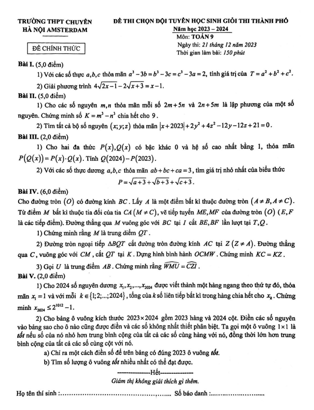Đề chọn đội tuyển HSG Toán 9 năm 2023 – 2024 trường chuyên Hà Nội – Amsterdam