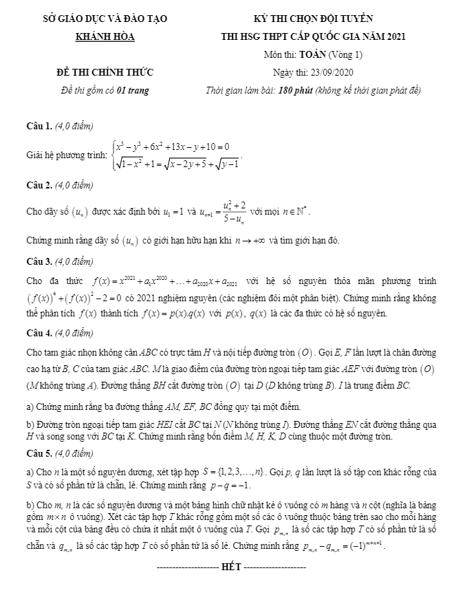 Đề chọn đội tuyển HSG Toán THPT năm 2021 sở GD&ĐT Khánh Hòa (Vòng 1)