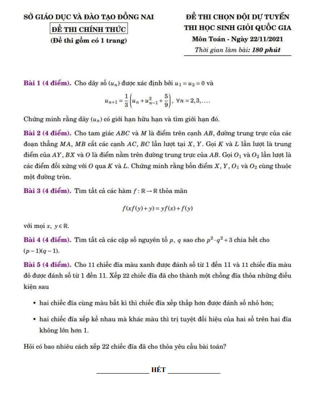 Đề chọn đội tuyển thi HSG QG môn Toán năm 2021 – 2022 sở GD&ĐT Đồng Nai