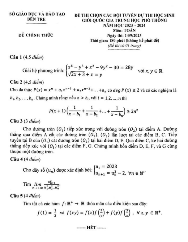 Đề chọn đội tuyển thi HSG QG môn Toán năm 2023 – 2024 sở GD&ĐT Bến Tre