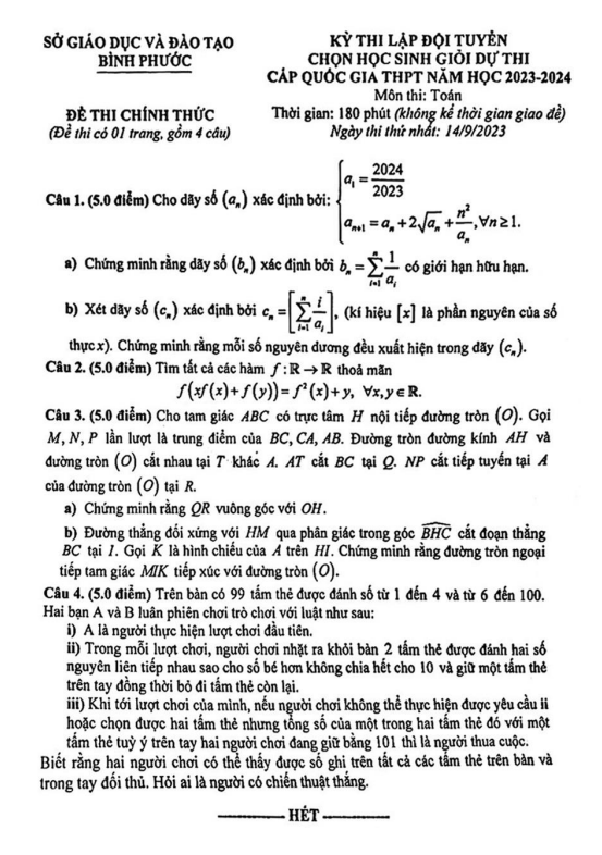 Đề chọn đội tuyển thi HSG QG môn Toán năm 2023 – 2024 sở GD&ĐT Bình Phước