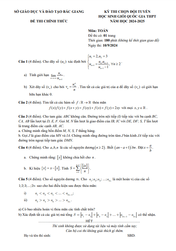 Đề chọn đội tuyển thi HSG QG môn Toán THPT năm 2024 – 2025 sở GD&ĐT Bắc Giang