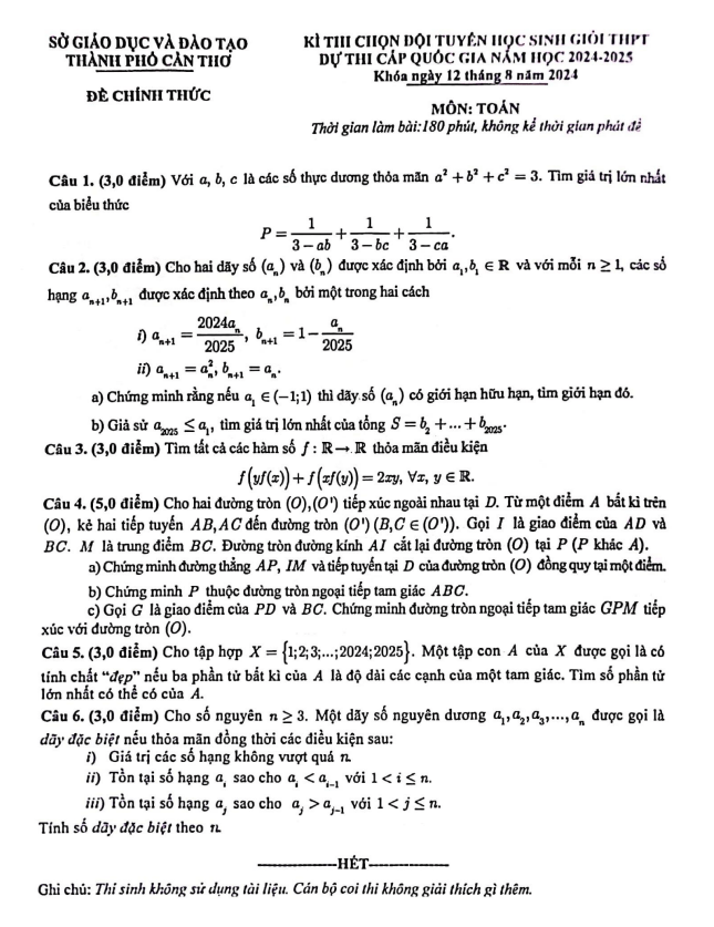 Đề chọn đội tuyển thi HSG QG môn Toán THPT năm 2024 – 2025 sở GD&ĐT Cần Thơ