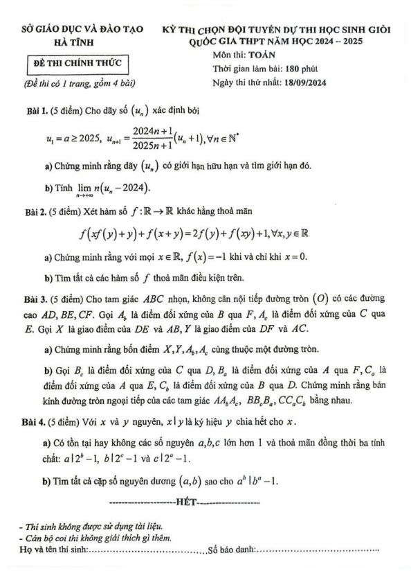 Đề chọn đội tuyển thi HSG QG môn Toán THPT năm 2024 – 2025 sở GD&ĐT Hà Tĩnh