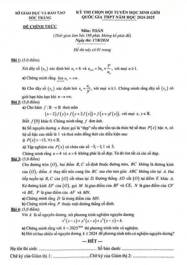 Đề chọn đội tuyển thi HSG QG môn Toán THPT năm 2024 – 2025 sở GD&ĐT Sóc Trăng