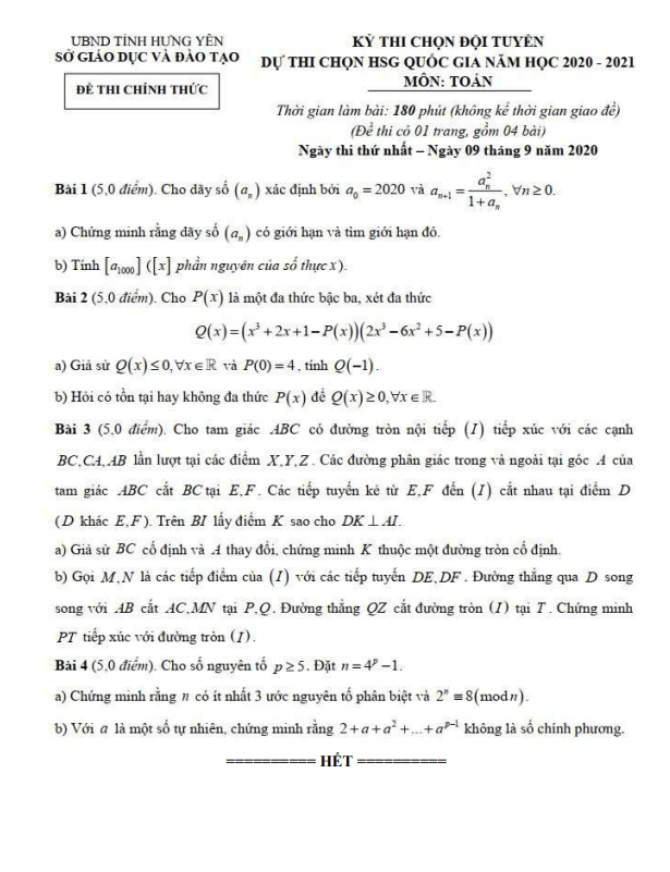 Đề chọn đội tuyển thi HSG Toán Quốc gia năm 2020 – 2021 sở GD&ĐT Hưng Yên