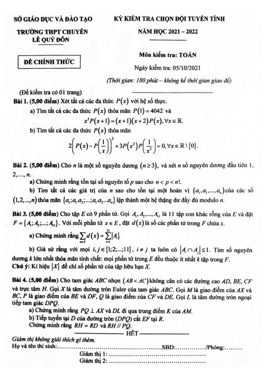 Đề chọn đội tuyển tỉnh môn Toán năm 2021 – 2022 trường chuyên Lê Quý Đôn – Khánh Hòa