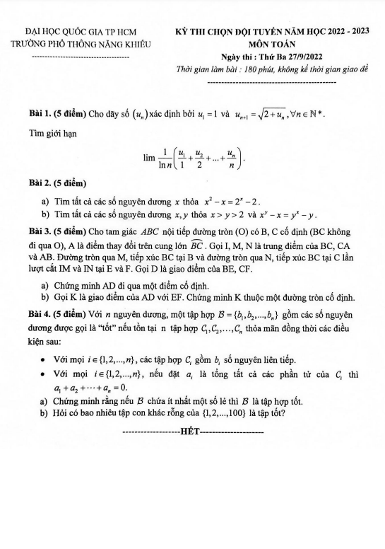 Đề chọn đội tuyển Toán năm 2022 – 2023 trường Phổ thông Năng khiếu – TP HCM