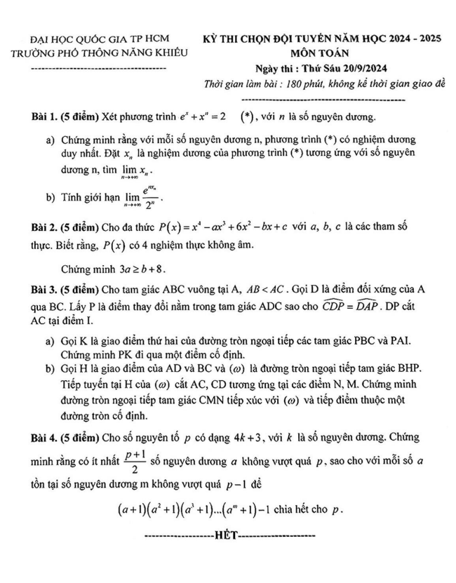 Đề chọn đội tuyển Toán năm 2024 – 2025 trường Phổ thông Năng khiếu – TP HCM