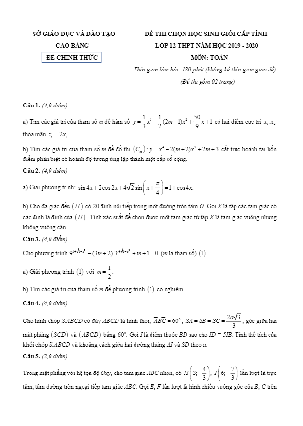 Đề chọn học sinh giỏi tỉnh Toán 12 năm 2019 – 2020 sở GD&ĐT Cao Bằng
