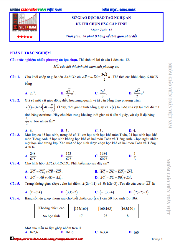 Đề chọn học sinh giỏi tỉnh Toán 12 năm 2024 – 2025 sở GD&ĐT Nghệ An