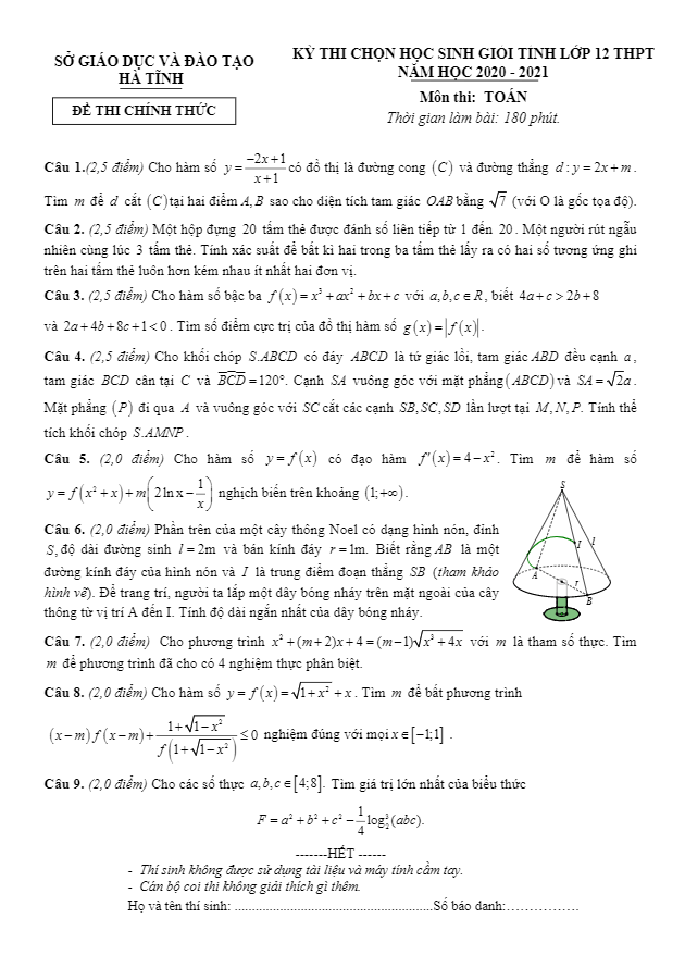 Đề chọn học sinh giỏi tỉnh Toán 12 THPT năm 2020 – 2021 sở GD&ĐT Hà Tĩnh