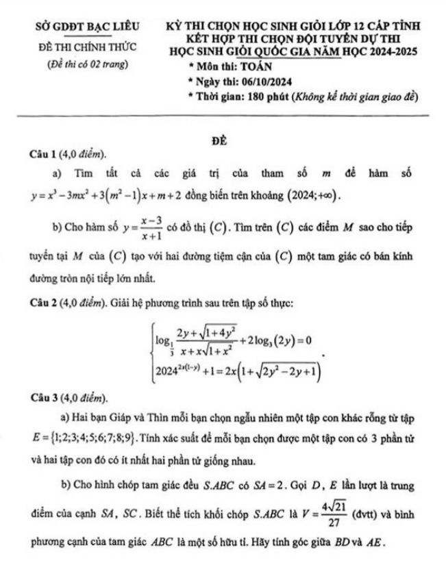 Đề chọn học sinh giỏi Toán 12 cấp tỉnh năm 2024 – 2025 sở GD&ĐT Bạc Liêu