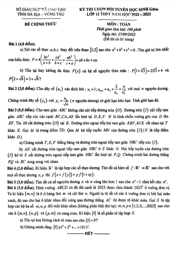 Đề chọn học sinh giỏi Toán 12 năm 2022 – 2023 sở GD&ĐT Bà Rịa – Vũng Tàu