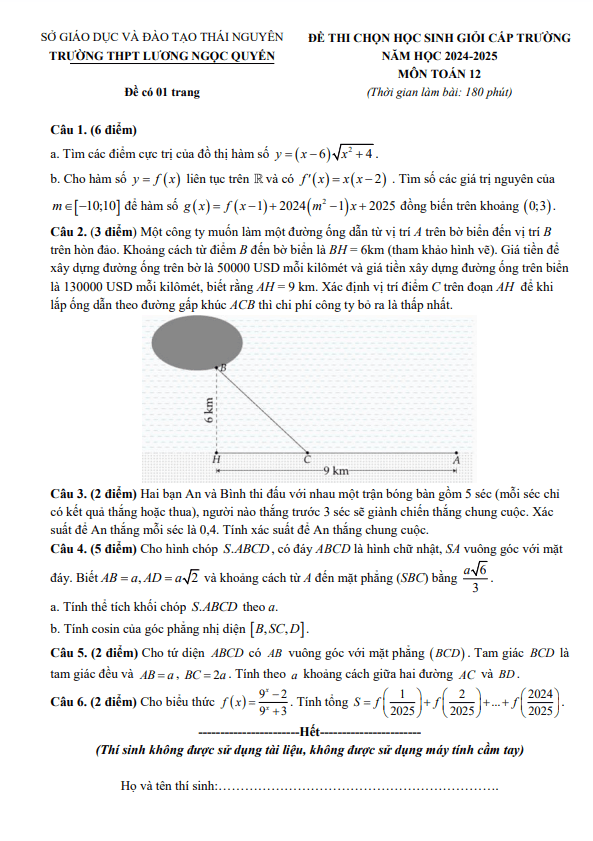 Đề chọn học sinh giỏi Toán 12 năm 2024 – 2025 trường THPT Lương Ngọc Quyến – Thái Nguyên