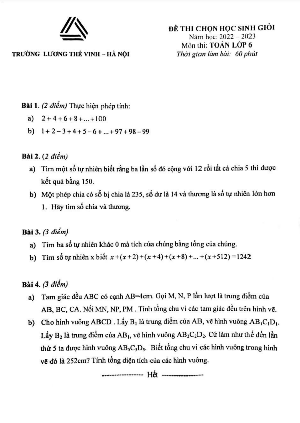 Đề chọn học sinh giỏi Toán 6 năm 2022 – 2023 trường Lương Thế Vinh – Hà Nội