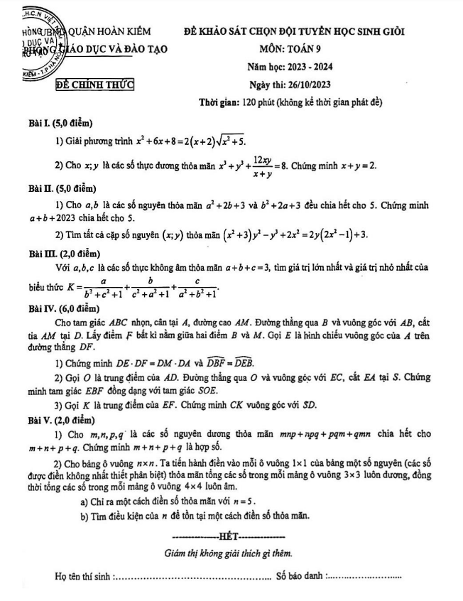 Đề chọn học sinh giỏi Toán 9 năm 2023 – 2024 phòng GD&ĐT Hoàn Kiếm – Hà Nội