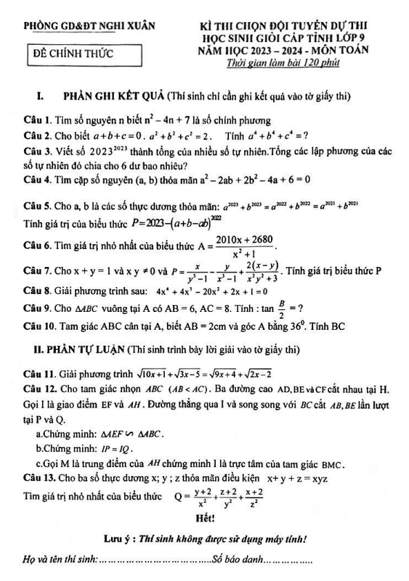 Đề chọn học sinh giỏi Toán 9 năm 2023 – 2024 phòng GD&ĐT Nghi Xuân – Hà Tĩnh