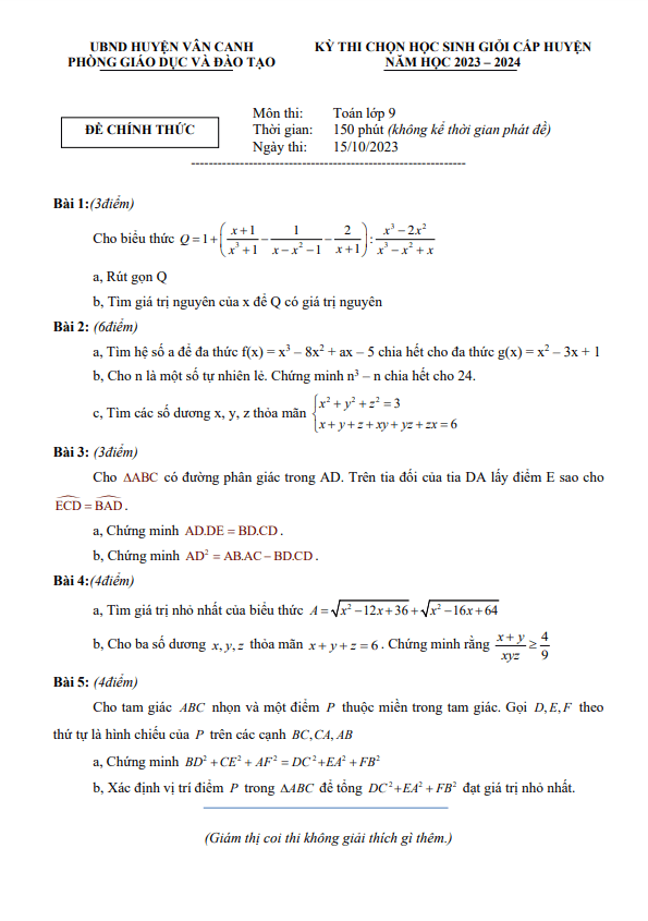 Đề chọn học sinh giỏi Toán 9 năm 2023 – 2024 phòng GD&ĐT Vân Canh – Bình Định