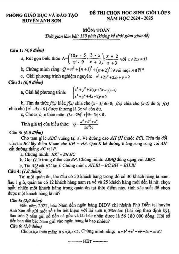 Đề chọn học sinh giỏi Toán 9 năm 2024 – 2025 phòng GD&ĐT Anh Sơn – Nghệ An