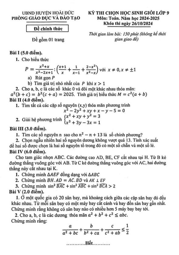 Đề chọn học sinh giỏi Toán 9 năm 2024 – 2025 phòng GD&ĐT Hoài Đức – Hà Nội