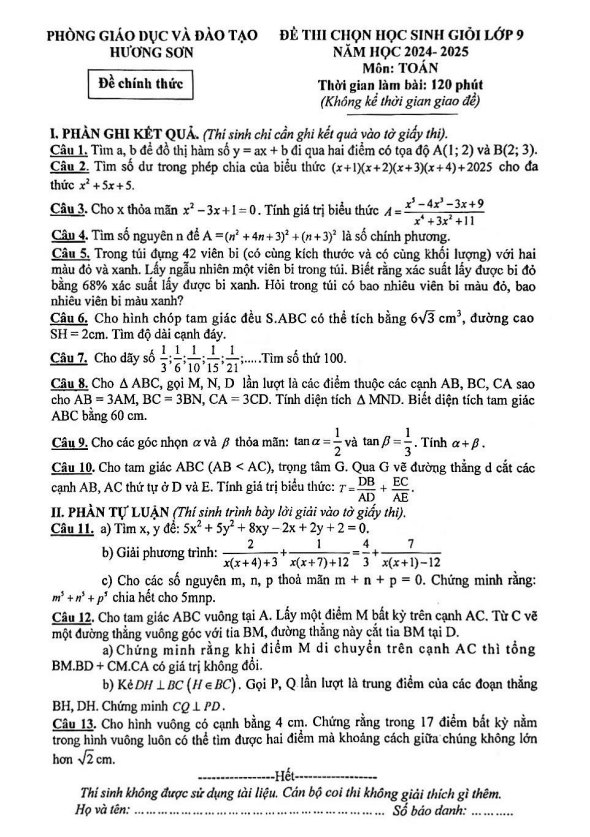 Đề chọn học sinh giỏi Toán 9 năm 2024 – 2025 phòng GD&ĐT Hương Sơn – Hà Tĩnh