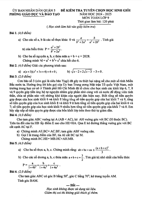 Đề chọn học sinh giỏi Toán 9 năm 2024 – 2025 phòng GD&ĐT Quận 5 – TP HCM