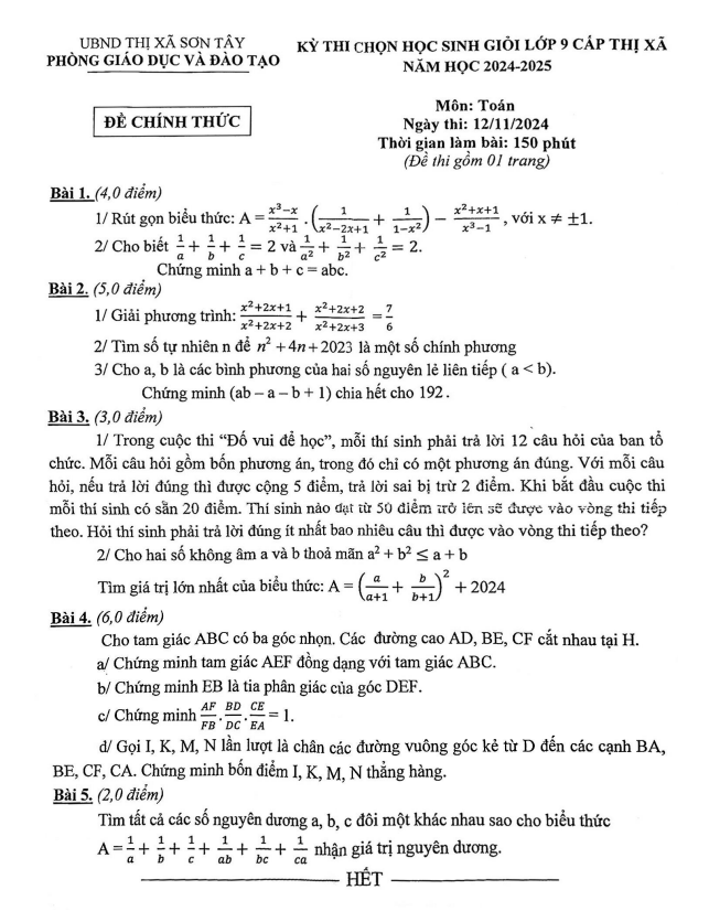 Đề chọn học sinh giỏi Toán 9 năm 2024 – 2025 phòng GD&ĐT Sơn Tây – Hà Nội