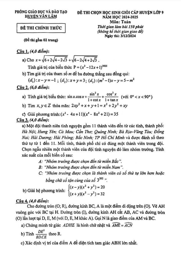 Đề chọn học sinh giỏi Toán 9 năm 2024 – 2025 phòng GD&ĐT Văn Lâm – Hưng Yên